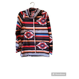 Serape Top Mock Womens Aztec Multi Color Long Sleeves Pullover Sz Small